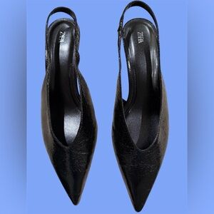 Zara Classic Black Pointed Slingback Kitten Heels